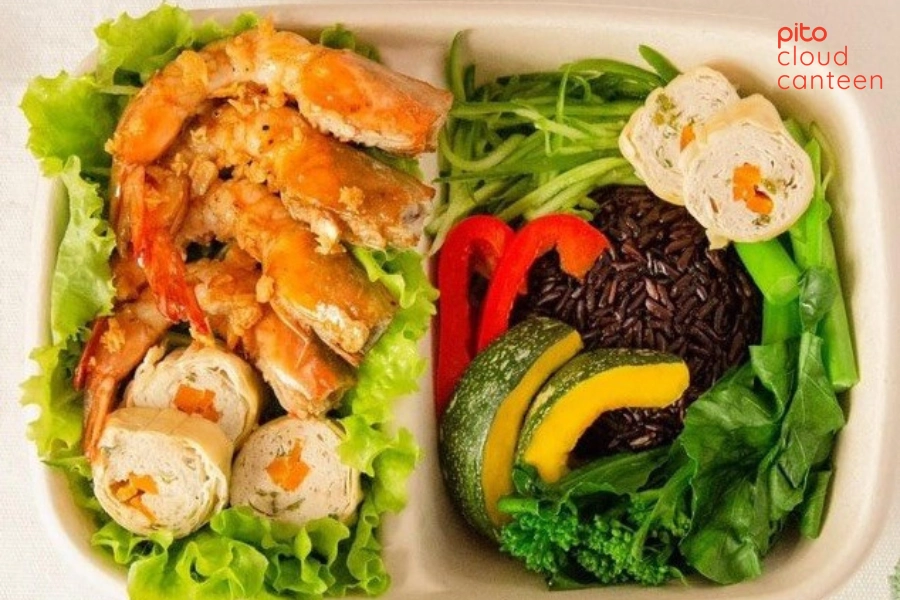 Ăn trưa healthy cơm eat clean tôm nướng tỏi - PITO Cloud Canteen