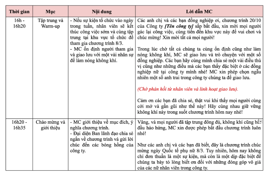 Kịch bản MC chương trình 8/3: tổng hợp nhiều hoạt động